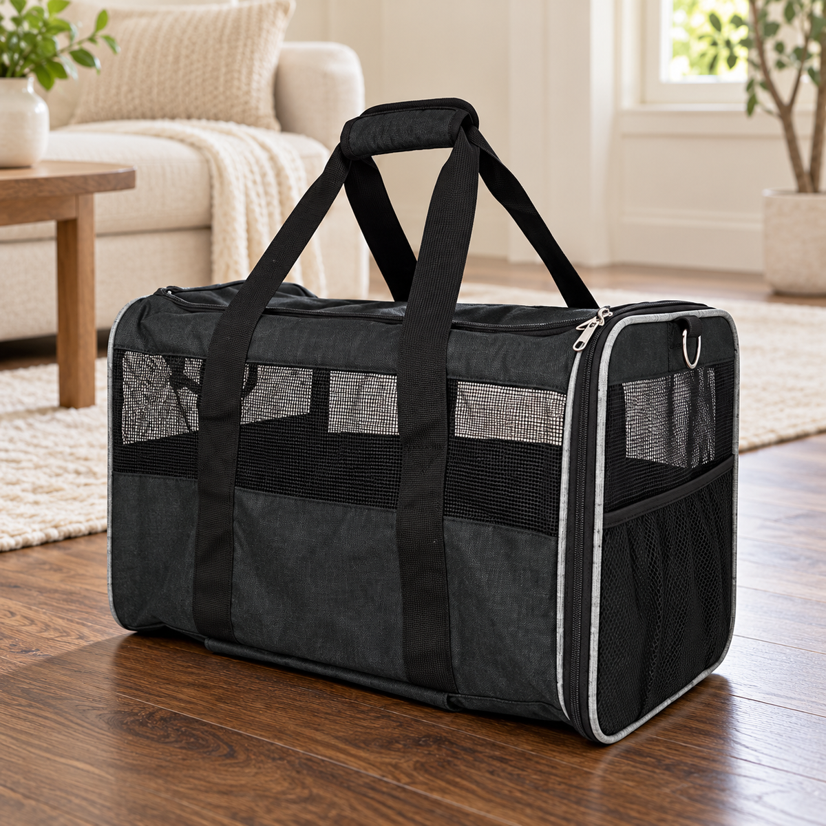 Empty black pet carrier detached from wheels in a living room