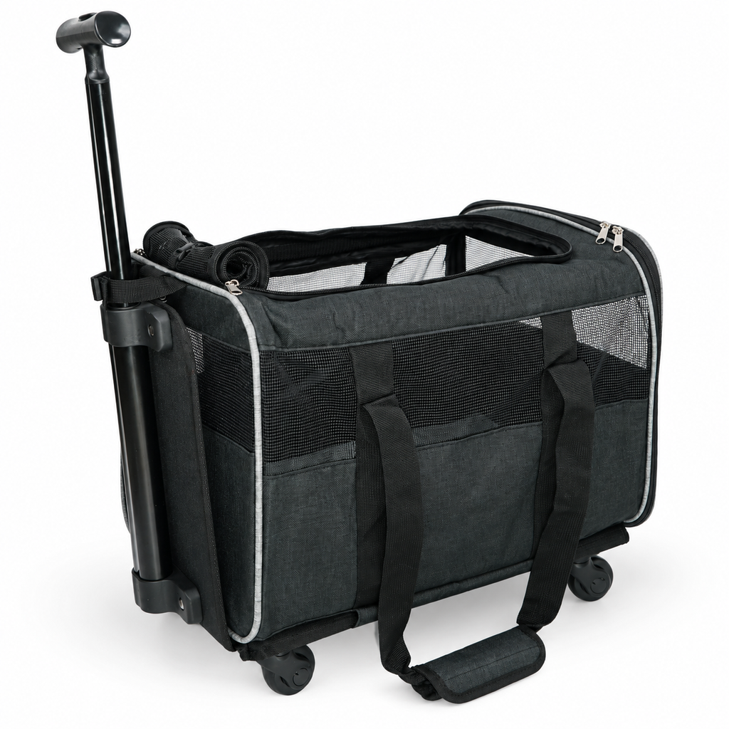 Empty black rolling carrier on white