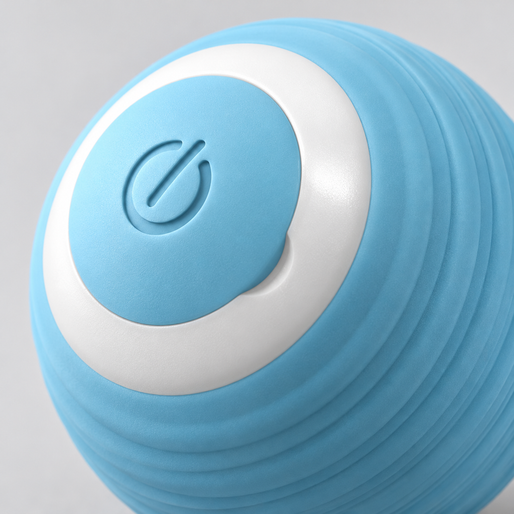 Close-up of the blue rolling ball's power button and grooved surface