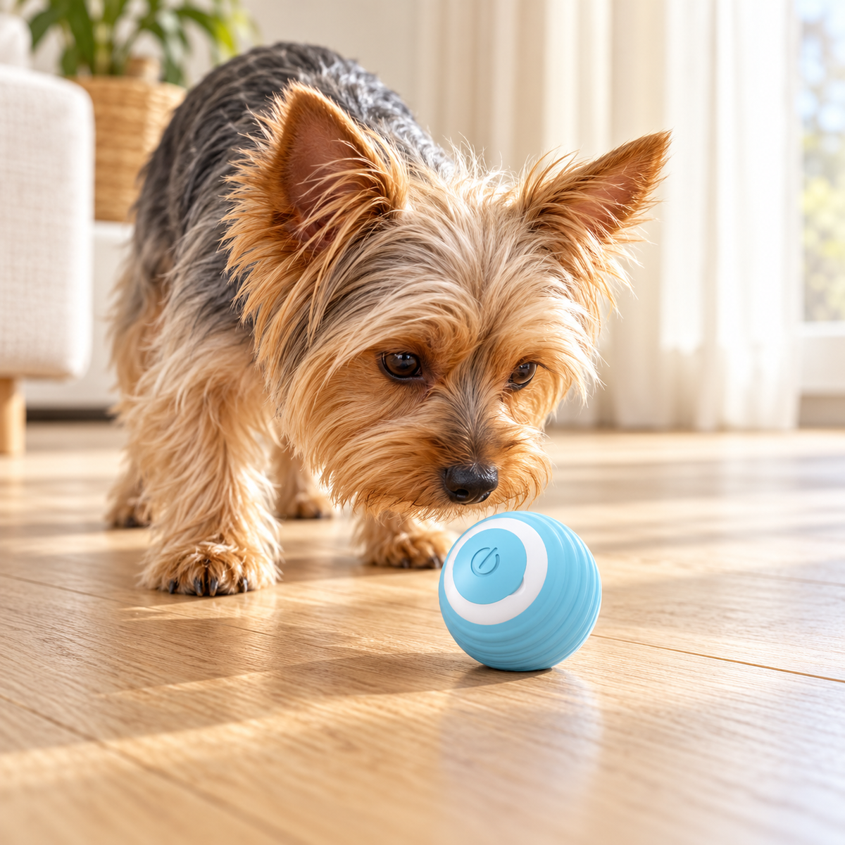 Small dog investigating a blue interactive rolling ball on an oak floor