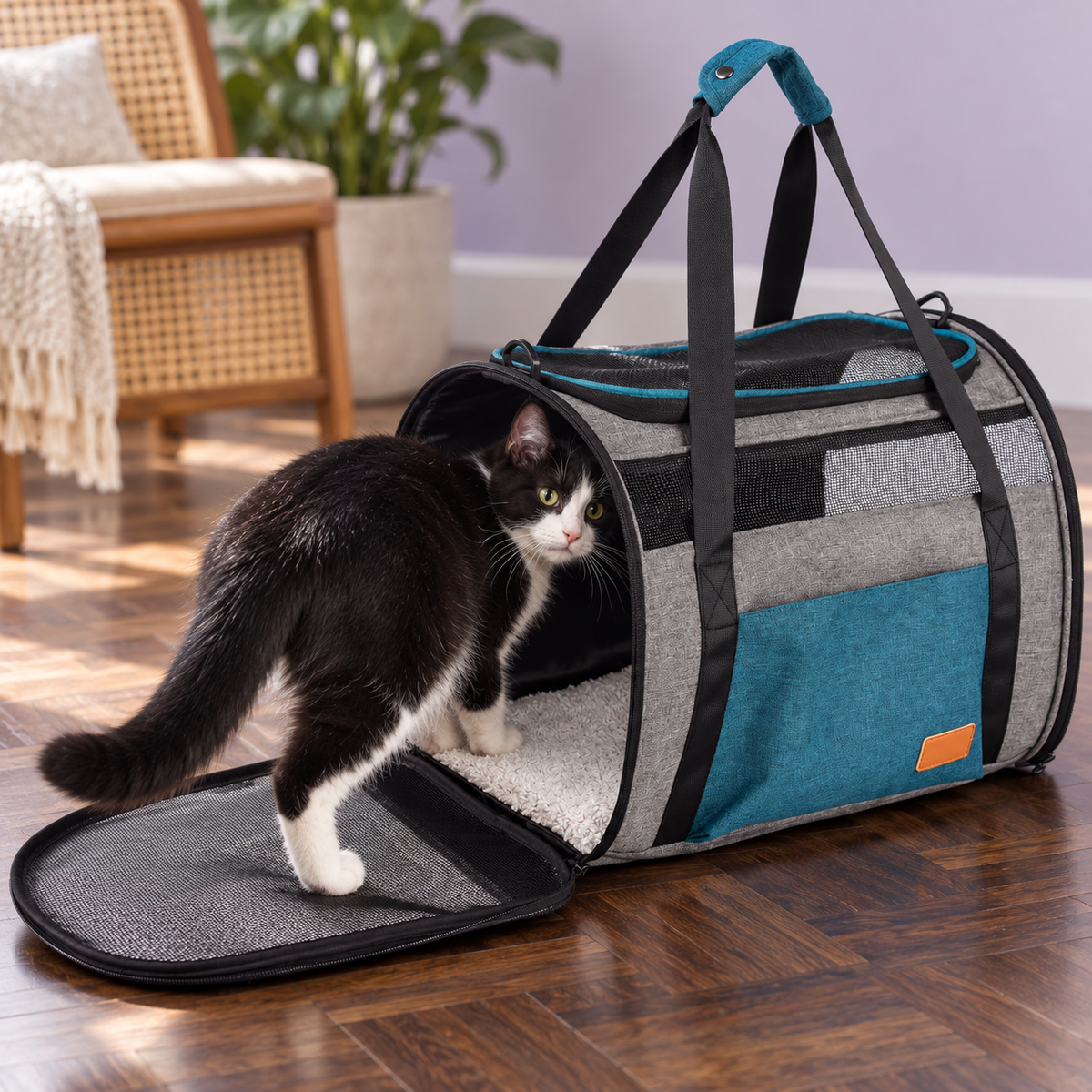 Tuxedo cat entering blue-grey mesh carrier