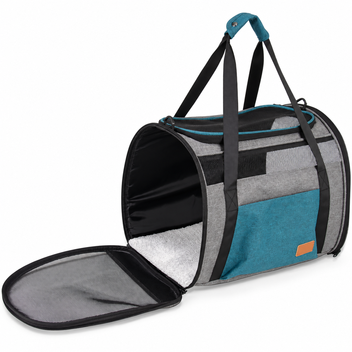 Empty blue-grey mesh carrier on white background