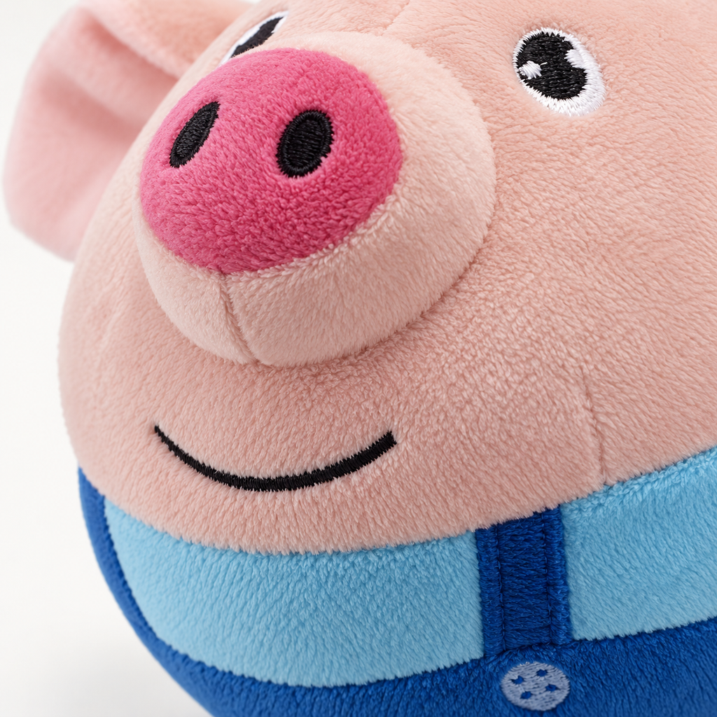 Close-up of the pig toy's plush fabric and embroidered face