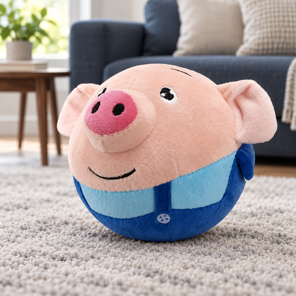 Blue plush pig dog toy on a rug in a living room