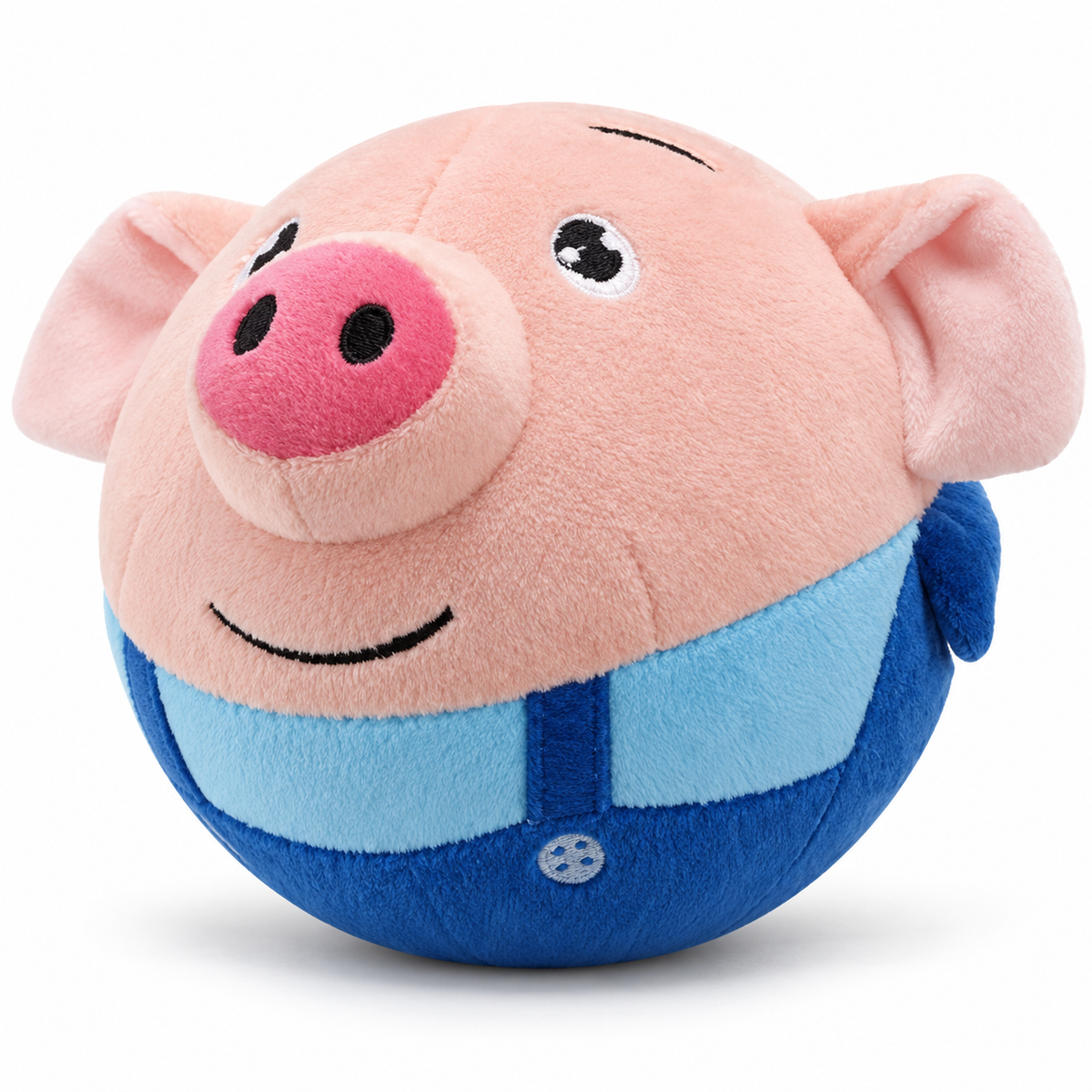 Single pink plush pig dog toy with blue overalls on a white background