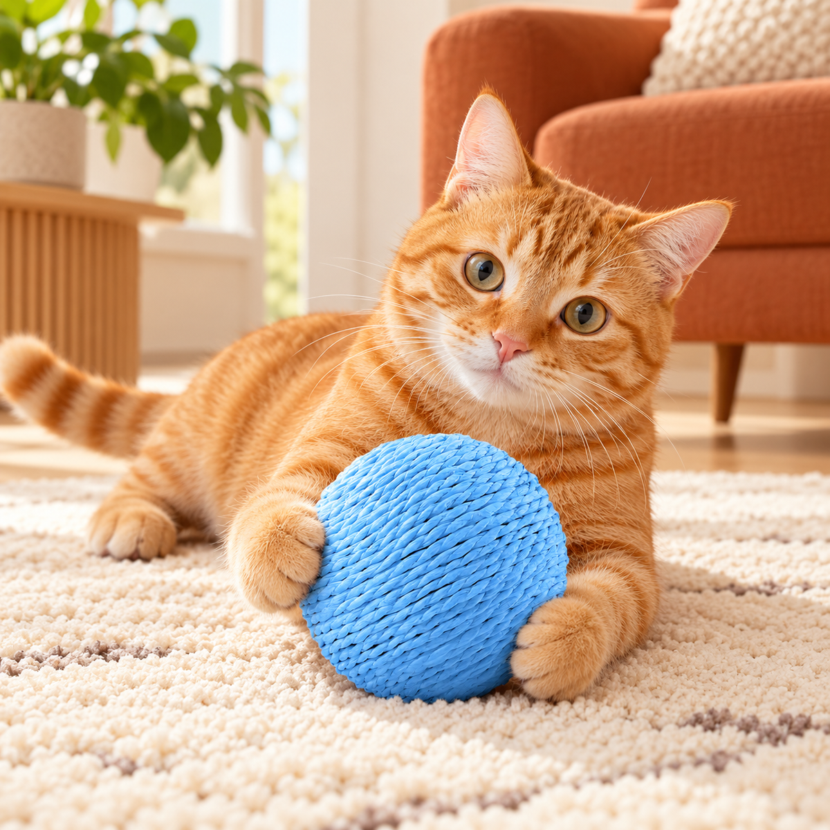 Ginger cat playing with blue sisal ball