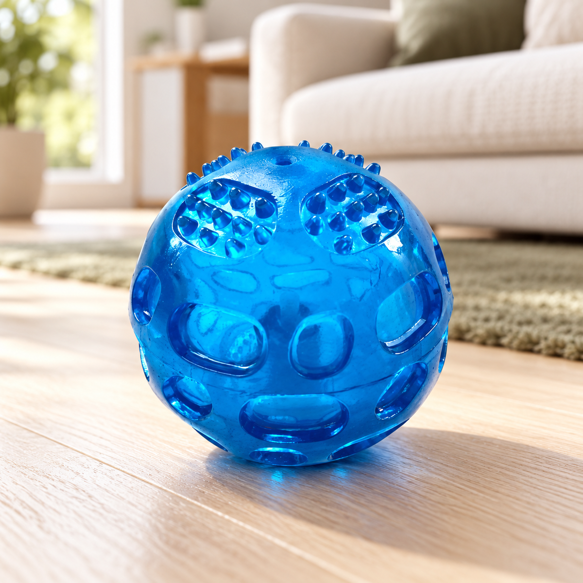 Single blue textured squeaky dog ball on a wood floor in a living room