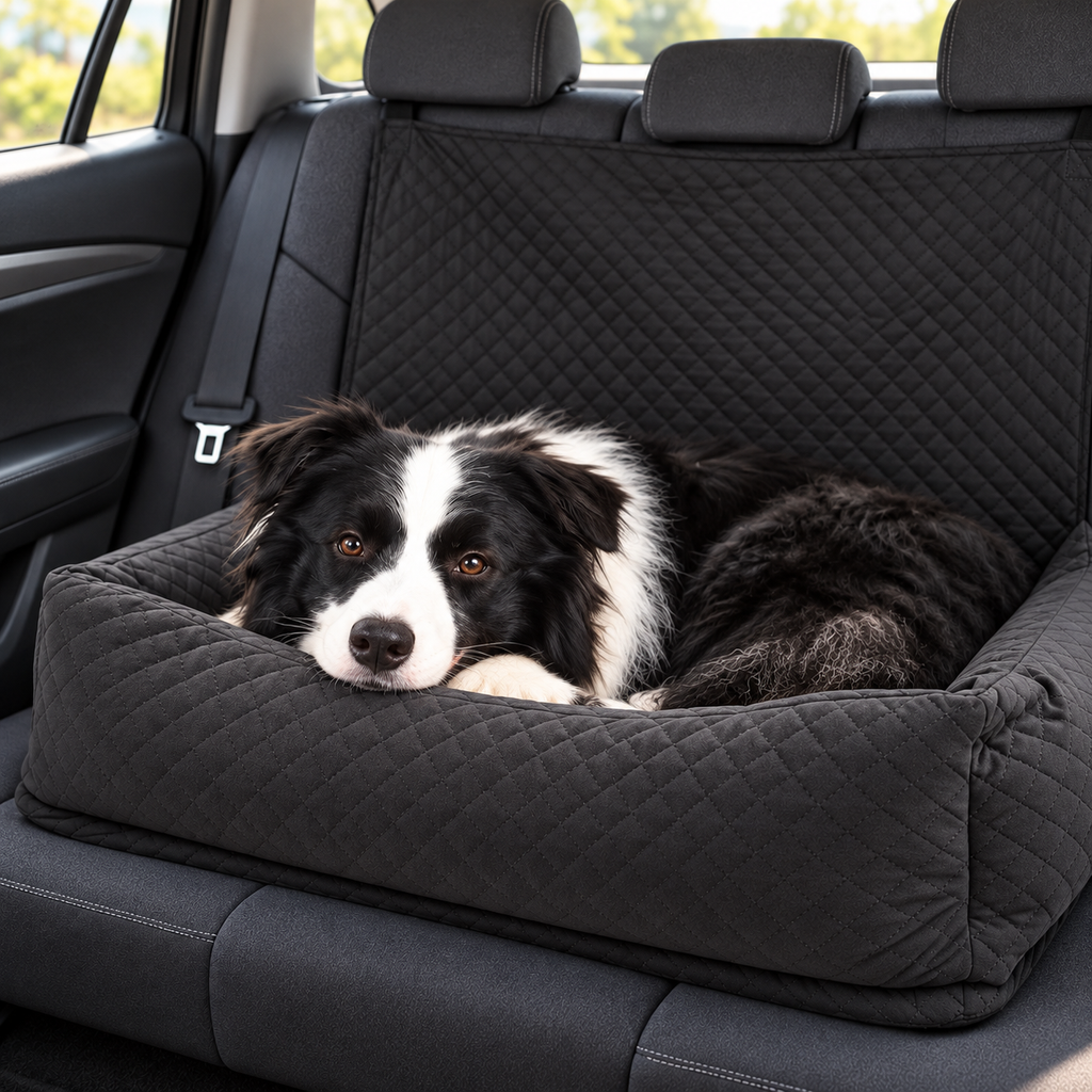 Close-up of border collie resting in Bnonya car bed