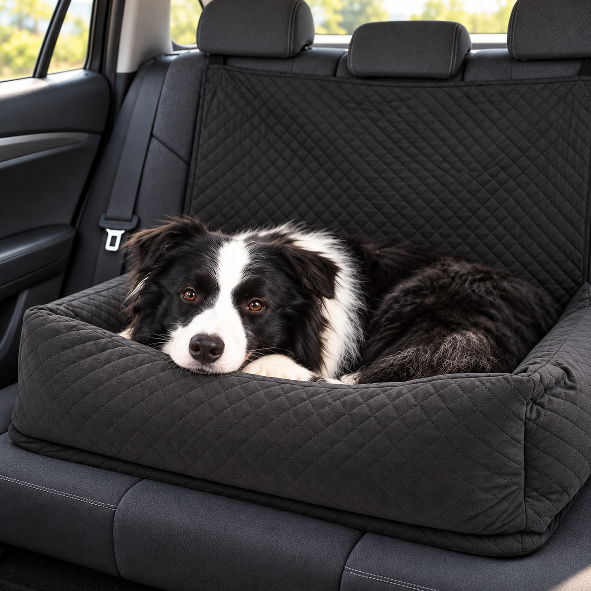 Close-up of border collie resting in Bnonya car bed