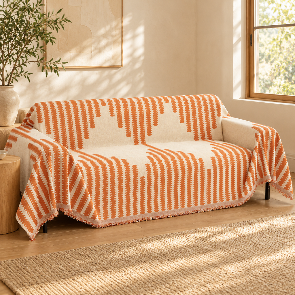 HAOMAIJIA Boho Chenille Sofa Throw Cover – Orange, 91 × 134 in — in a living room