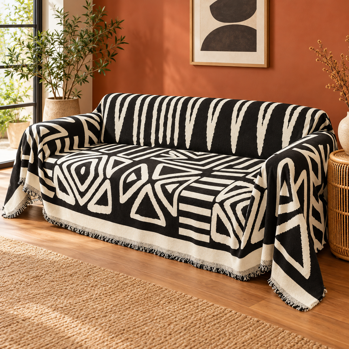 Black and ivory bohemian sofa cover in a warm loft