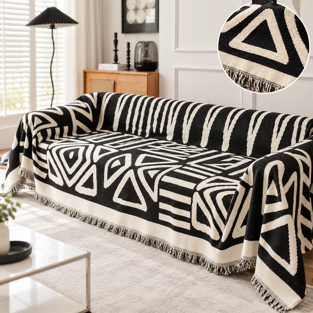 Geometric weave and fringe detail of sofa throw