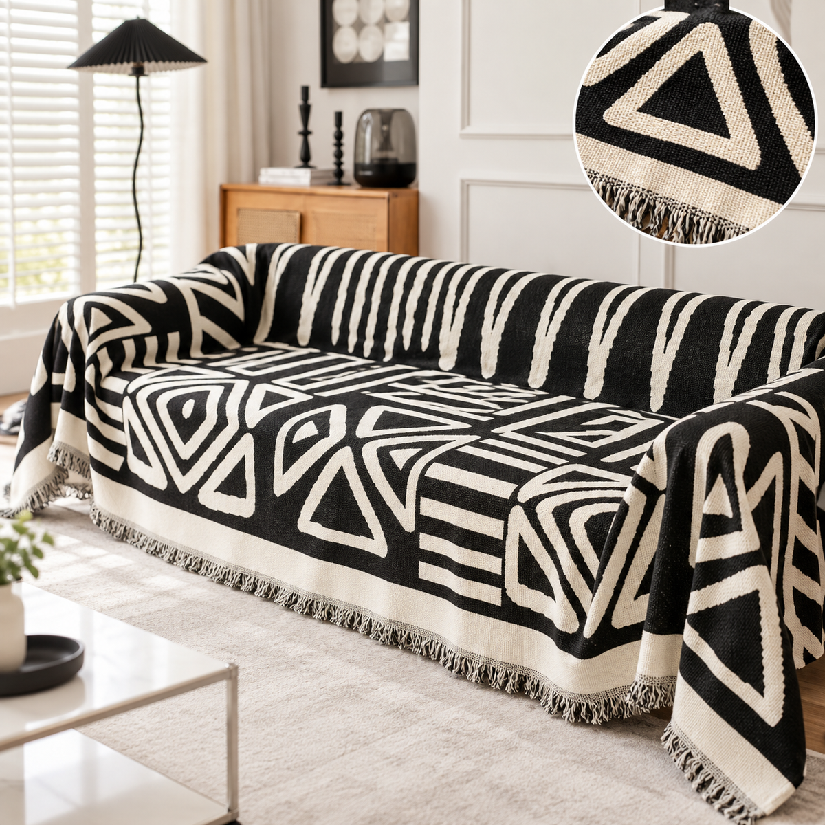 Geometric weave and fringe detail of sofa throw