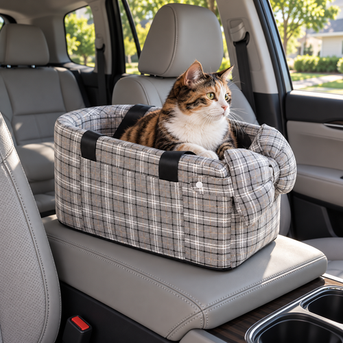 Gingham pet console seat – lifestyle view