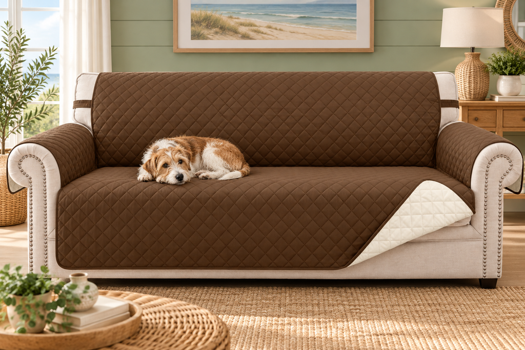 HOMERILLA Reversible Quilted Sofa Protector – Brown/Ivory, 68 in – living room