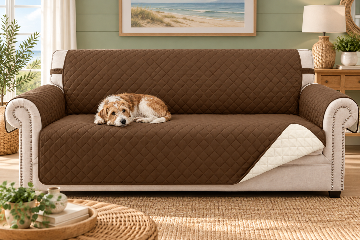 HOMERILLA Reversible Quilted Sofa Protector – Brown/Ivory, 68 in – living room