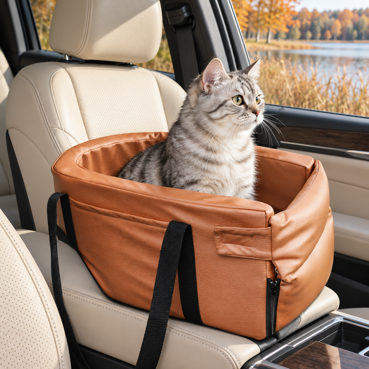 Brown pet console seat – lifestyle view