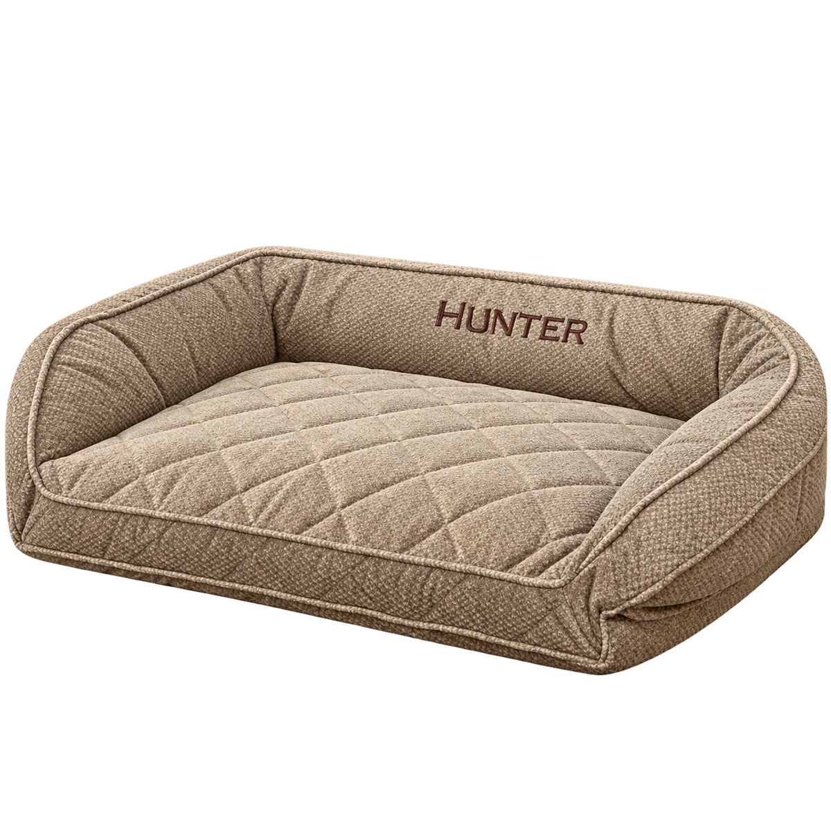 Brown tweed dog bed with quilted cushion, isolated