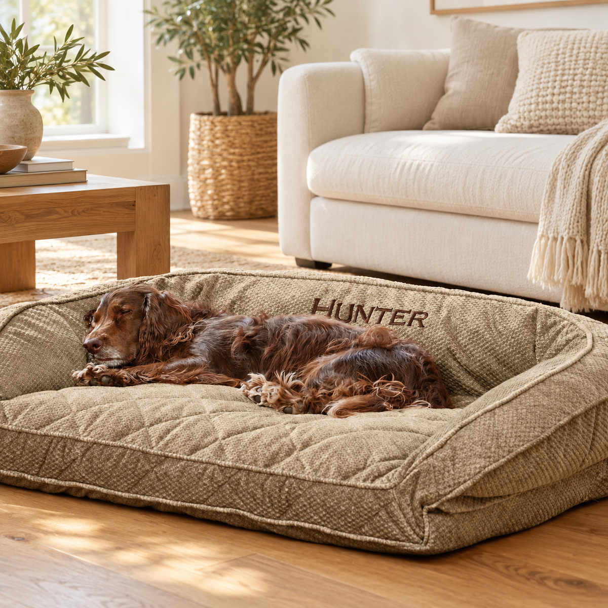 Brown spaniel resting in a brown tweed dog bed in a living room