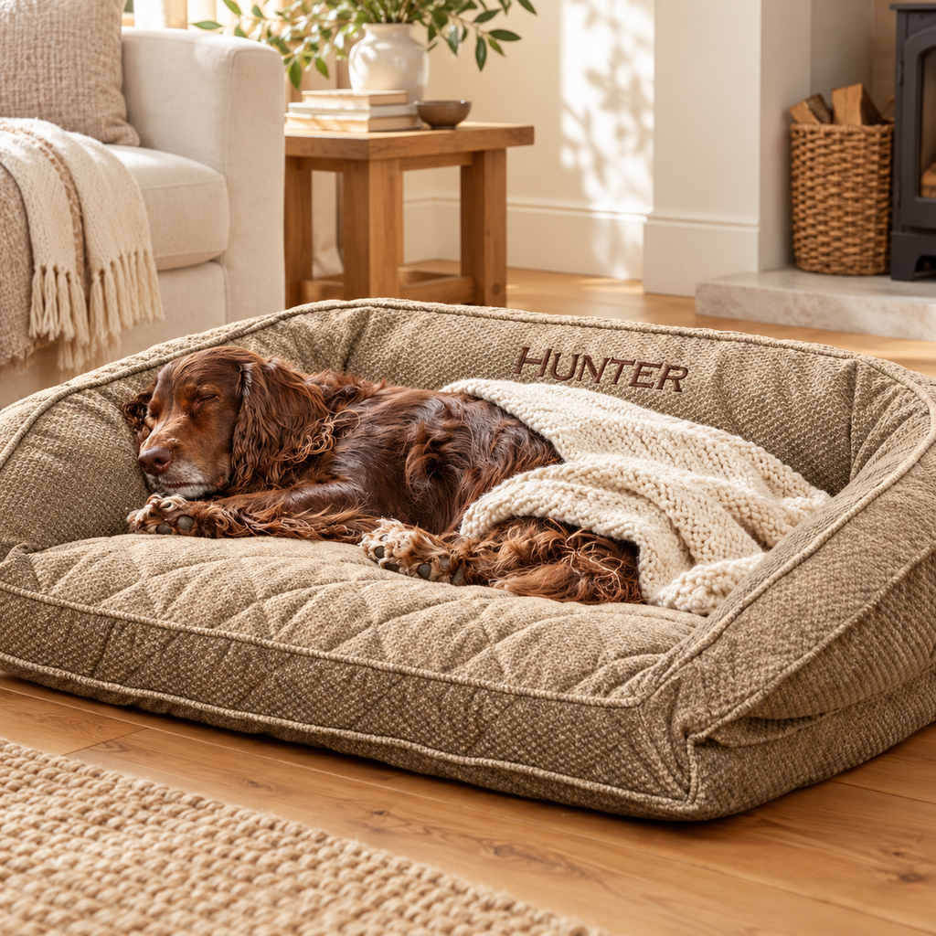 Spaniel sleeping in brown tweed bed; blanket shown for styling