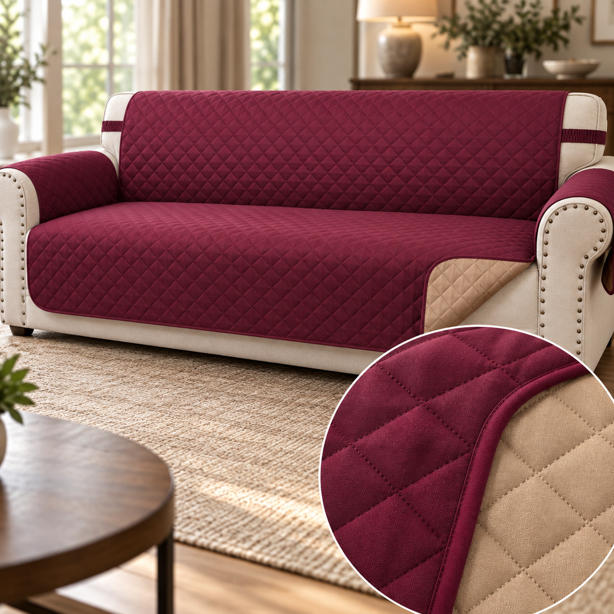 Luxshare Home Reversible Waterproof Sofa Protector – Burgundy/Camel, 91 in – fabric detail