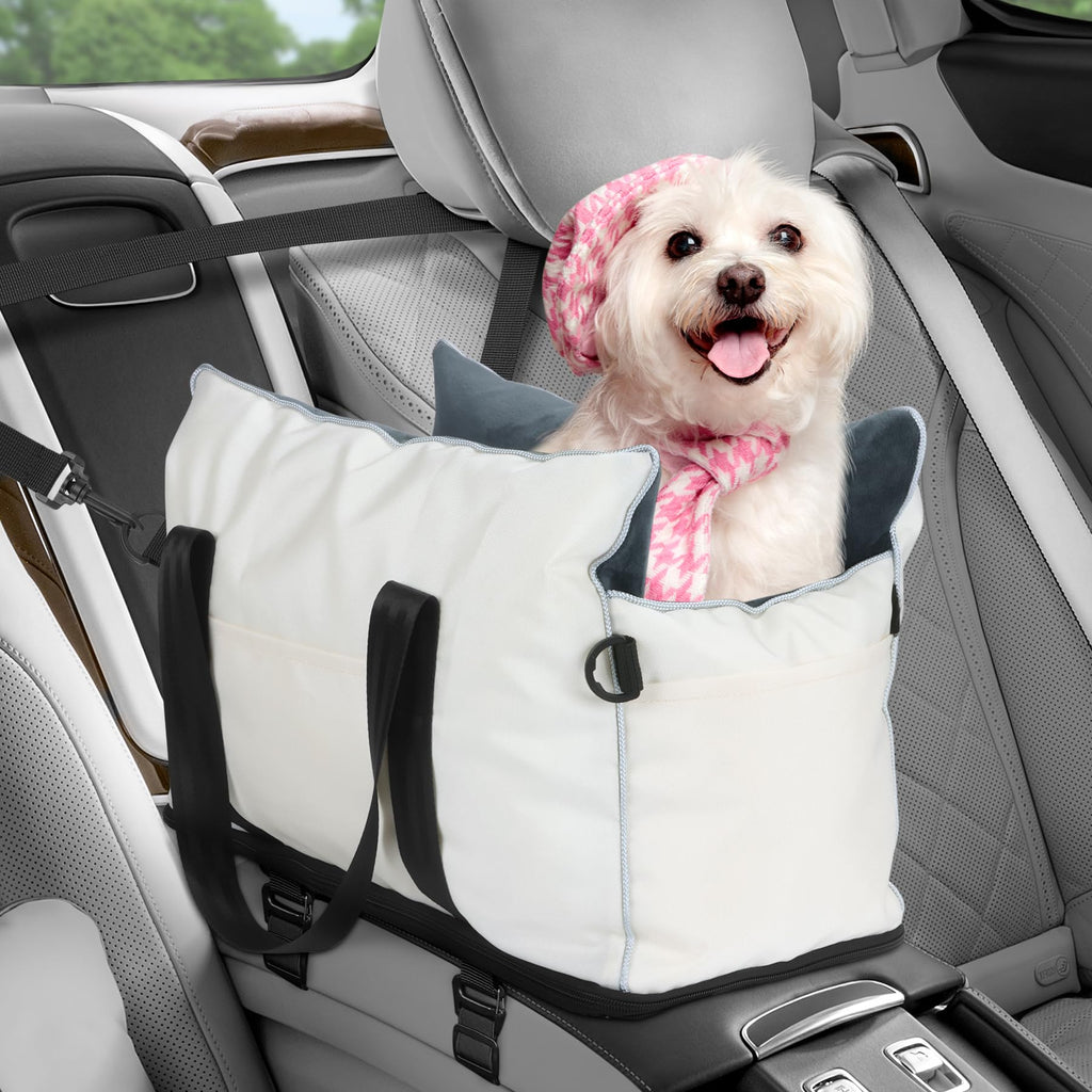 Console Dog Car Seat with Three Storage Pockets – Beige, Up to 10 lb