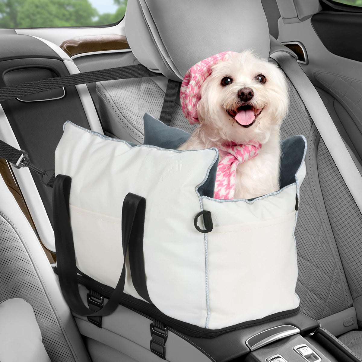Console Dog Car Seat with Three Storage Pockets – Beige, Up to 10 lb
