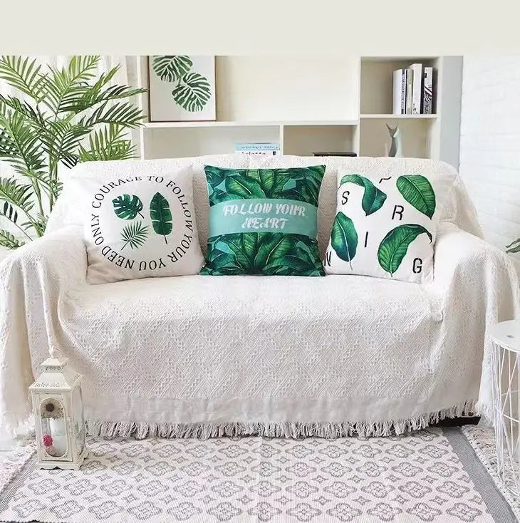 White Grid Washable Cotton-Blend Sofa Throw
