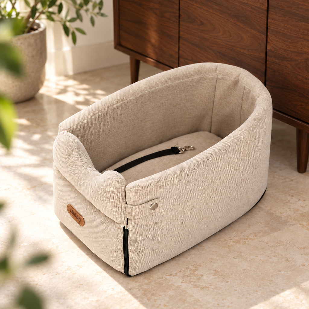 Empty beige canvas console seat on an apartment floor