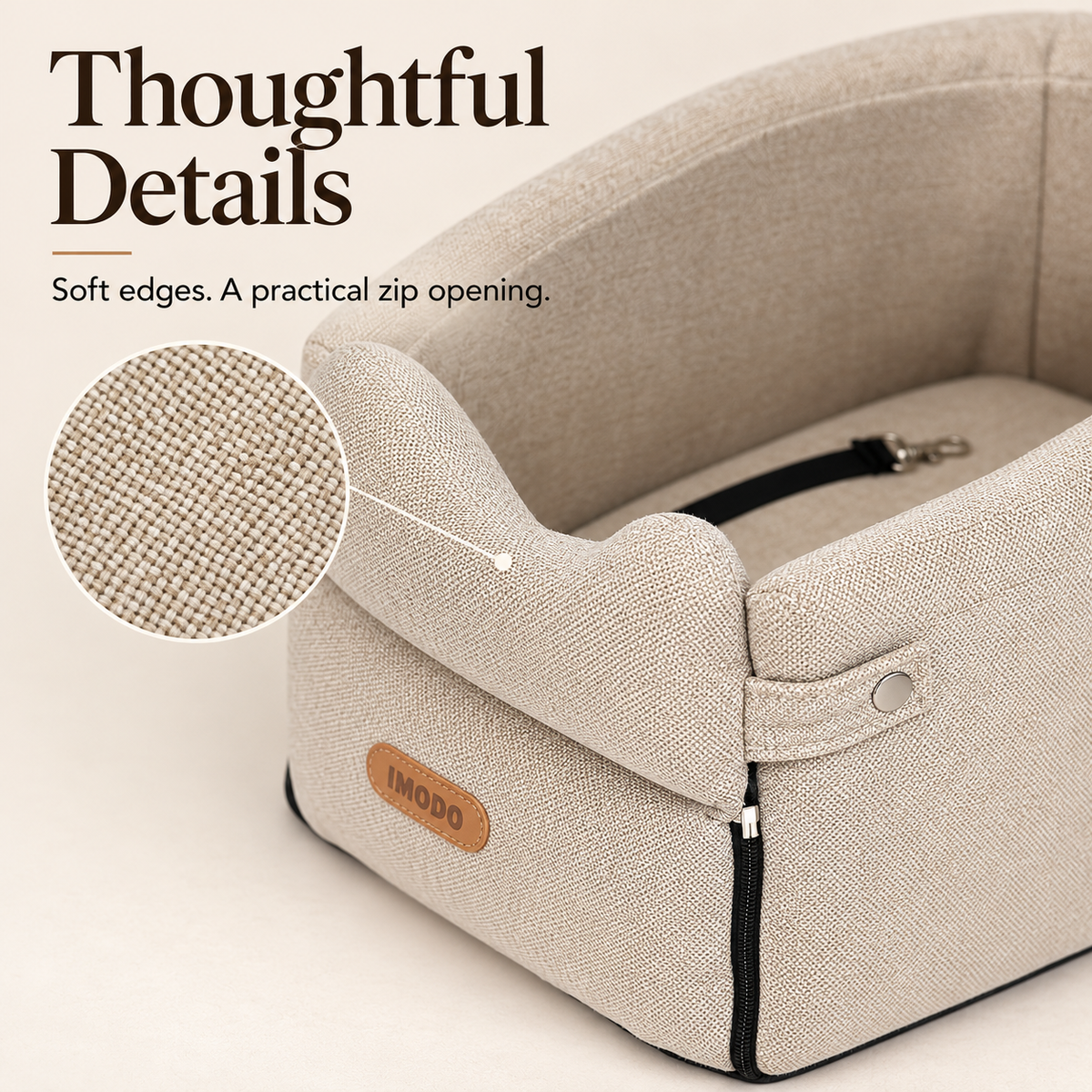 Canvas pet seat front zip and press stud details