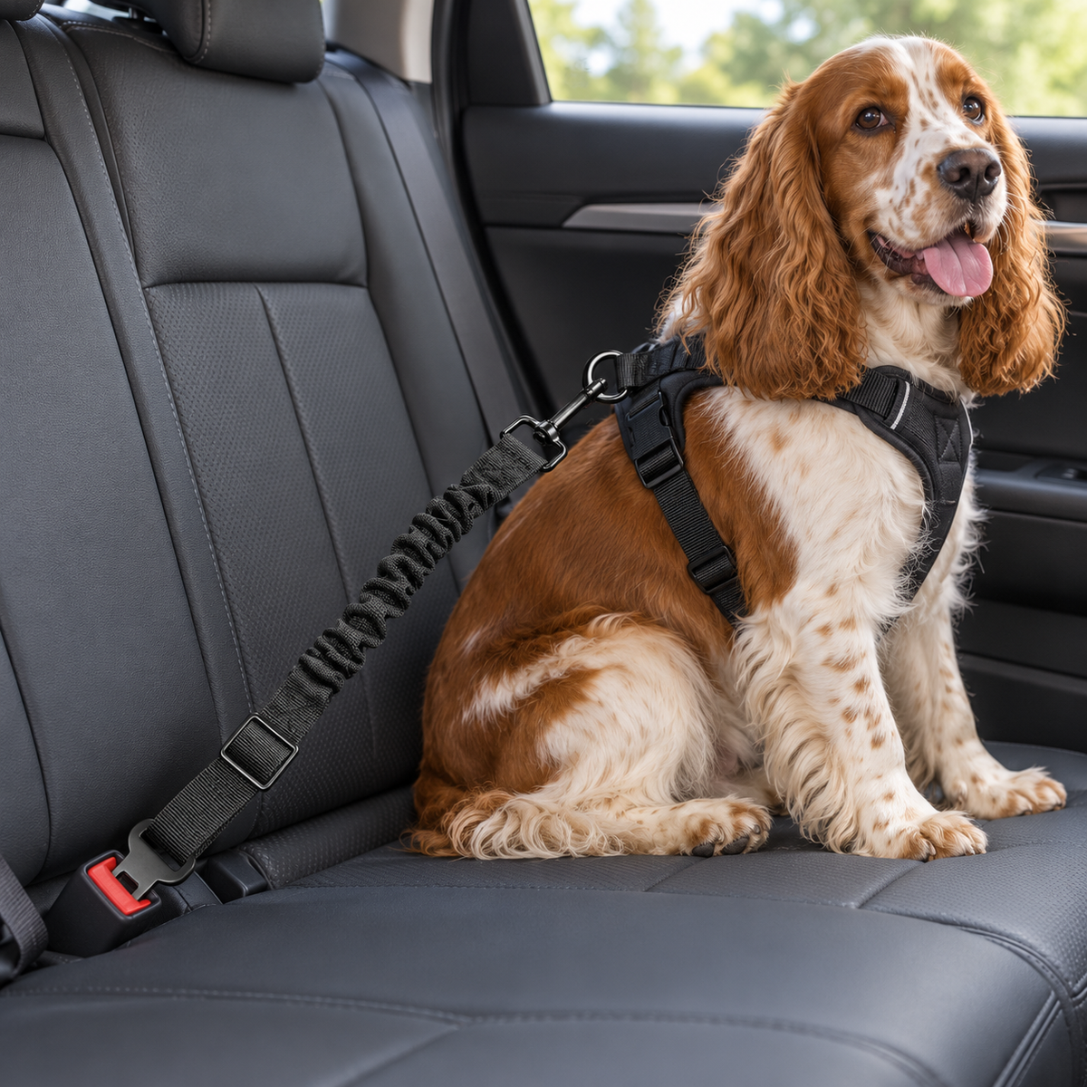 LivTee Adjustable Bungee Dog Car Seat Belts – Black, 2 Pack — in use