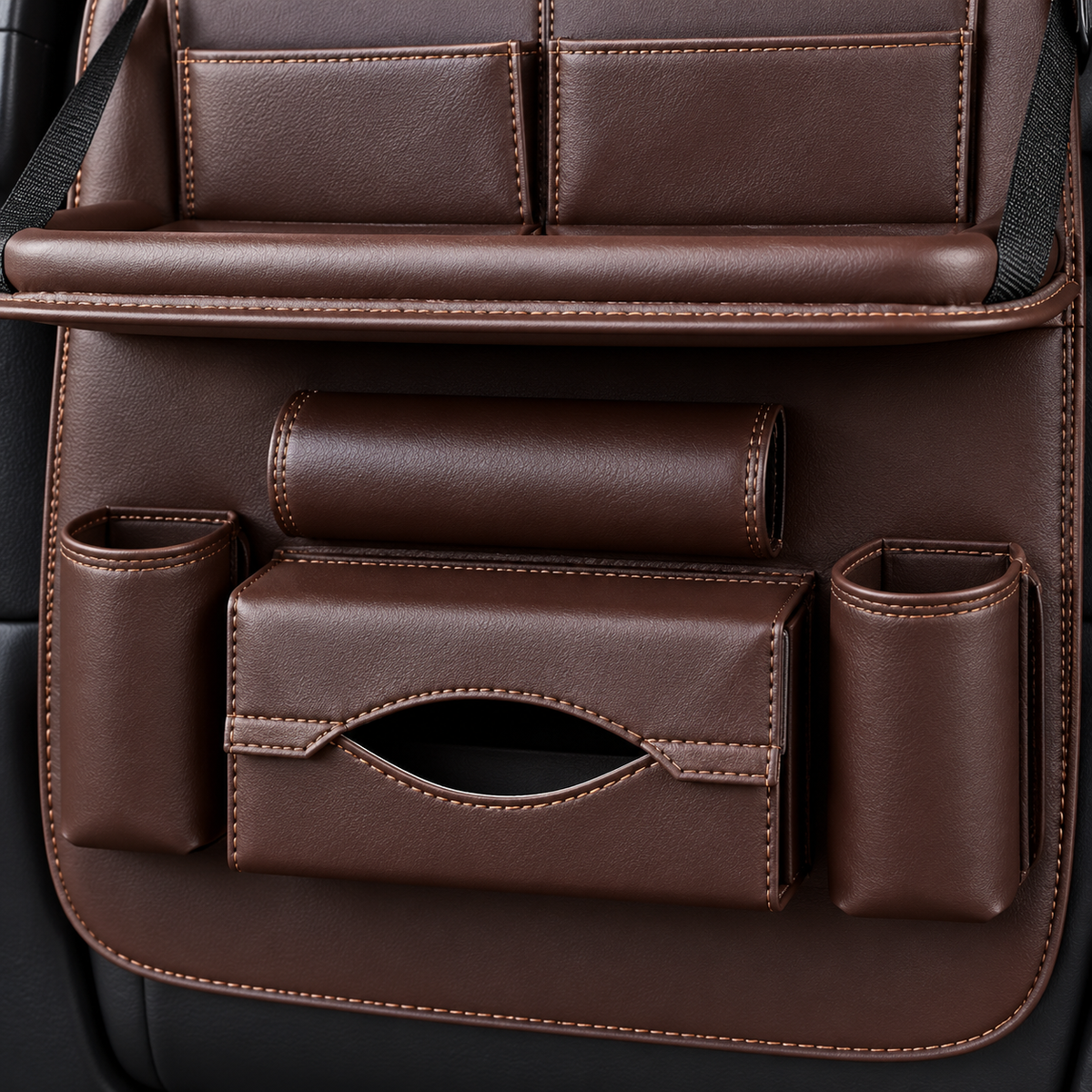 Fold-Down Tray Backseat Organizer – Brown — material and stitching detail