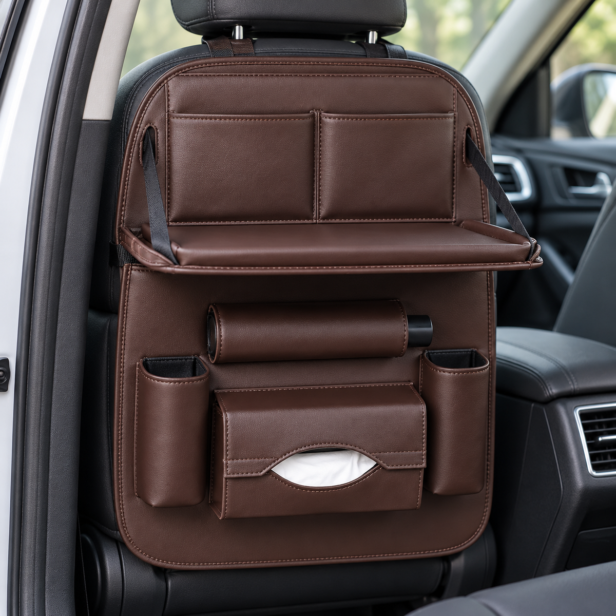 Fold-Down Tray Backseat Organizer – Brown — in use