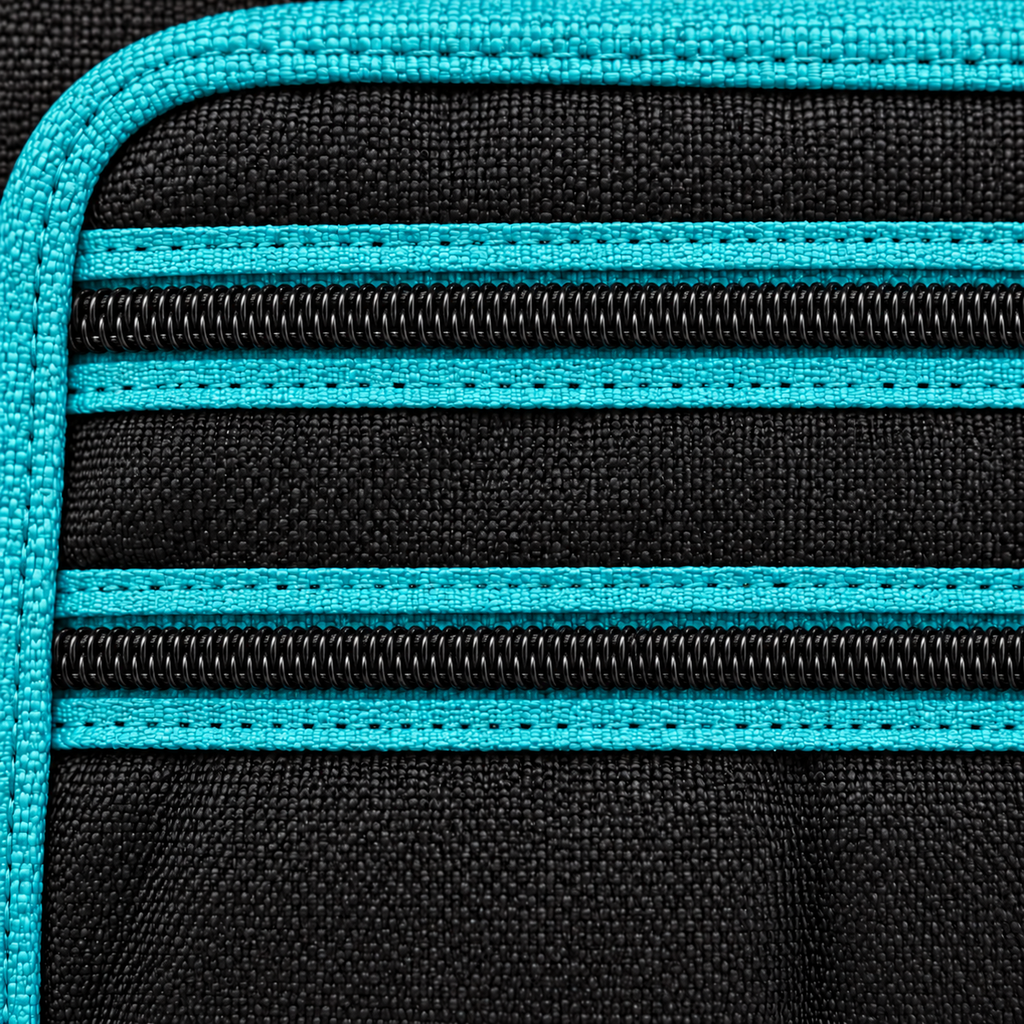 Backseat Organizer with Removable Document Pouch – Black & Turquoise — material and stitching detail