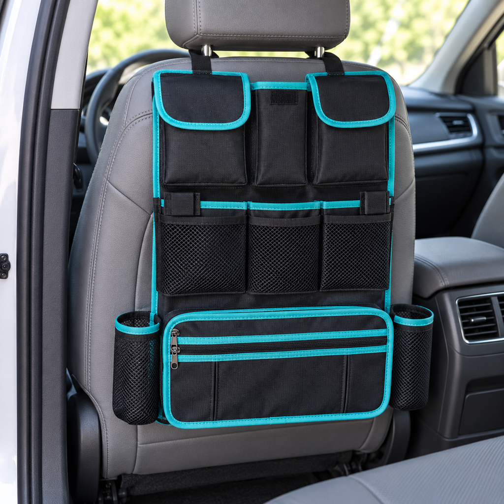 Backseat Organizer with Removable Document Pouch – Black & Turquoise — in use