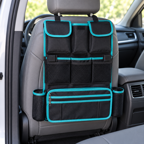 Backseat Organizer with Removable Document Pouch – Black & Turquoise — in use