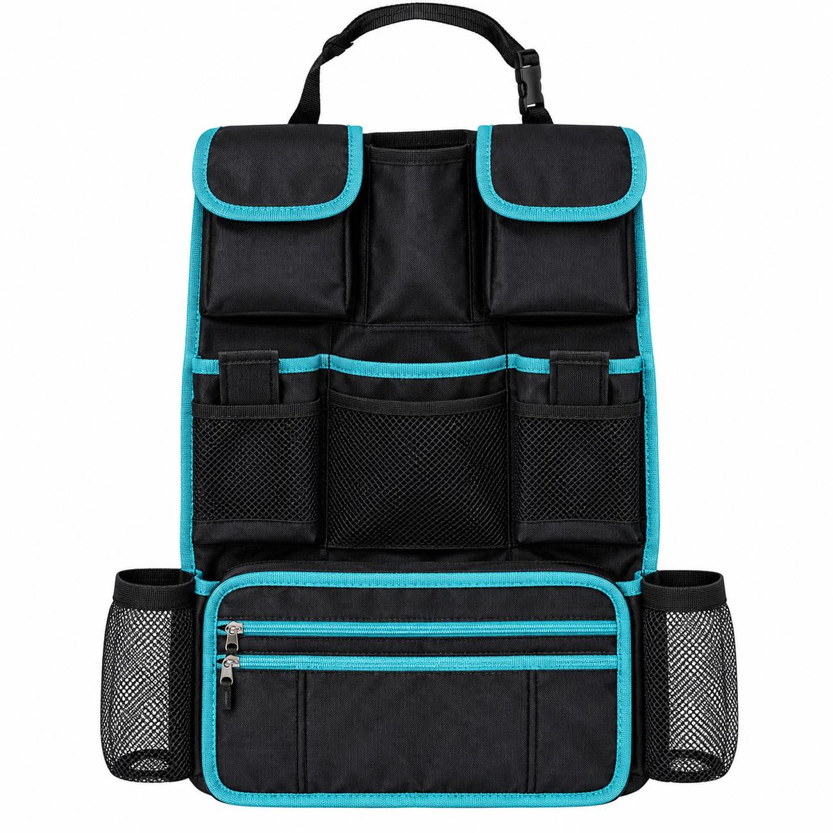 Backseat Organizer with Removable Document Pouch – Black & Turquoise — product view