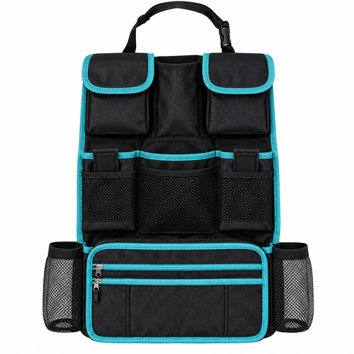 Backseat Organizer with Removable Document Pouch – Black & Turquoise — product view