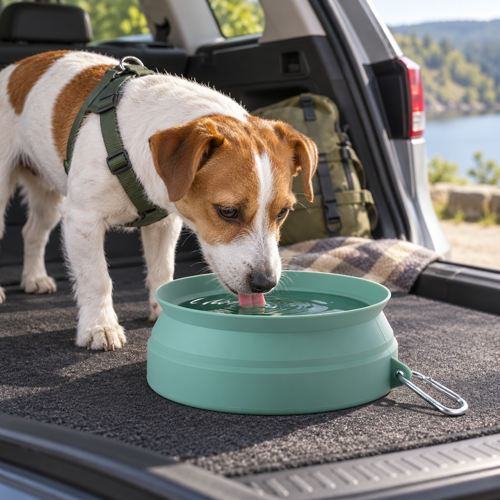 SLSON Collapsible Travel Water Bowl – Morandi Green – in use