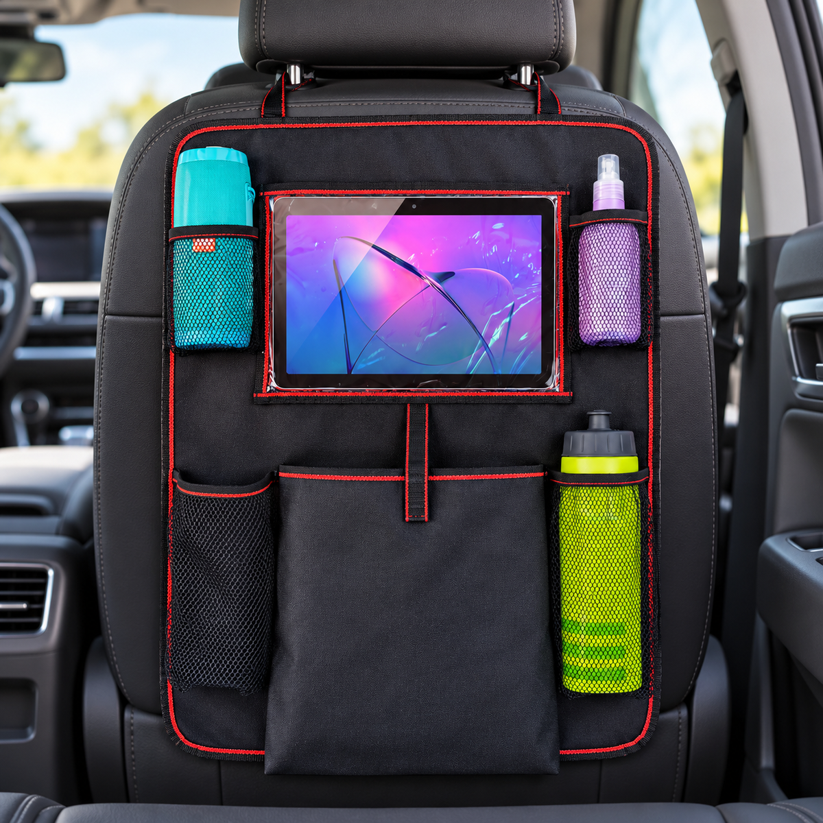 AGEX 5-Pocket Backseat Organizer – Black & Red – in use