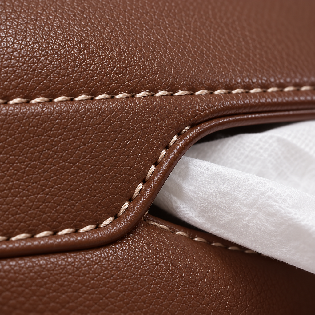ASENDIWAY Seatback Organizer with Tissue Compartment – Brown – material and construction detail
