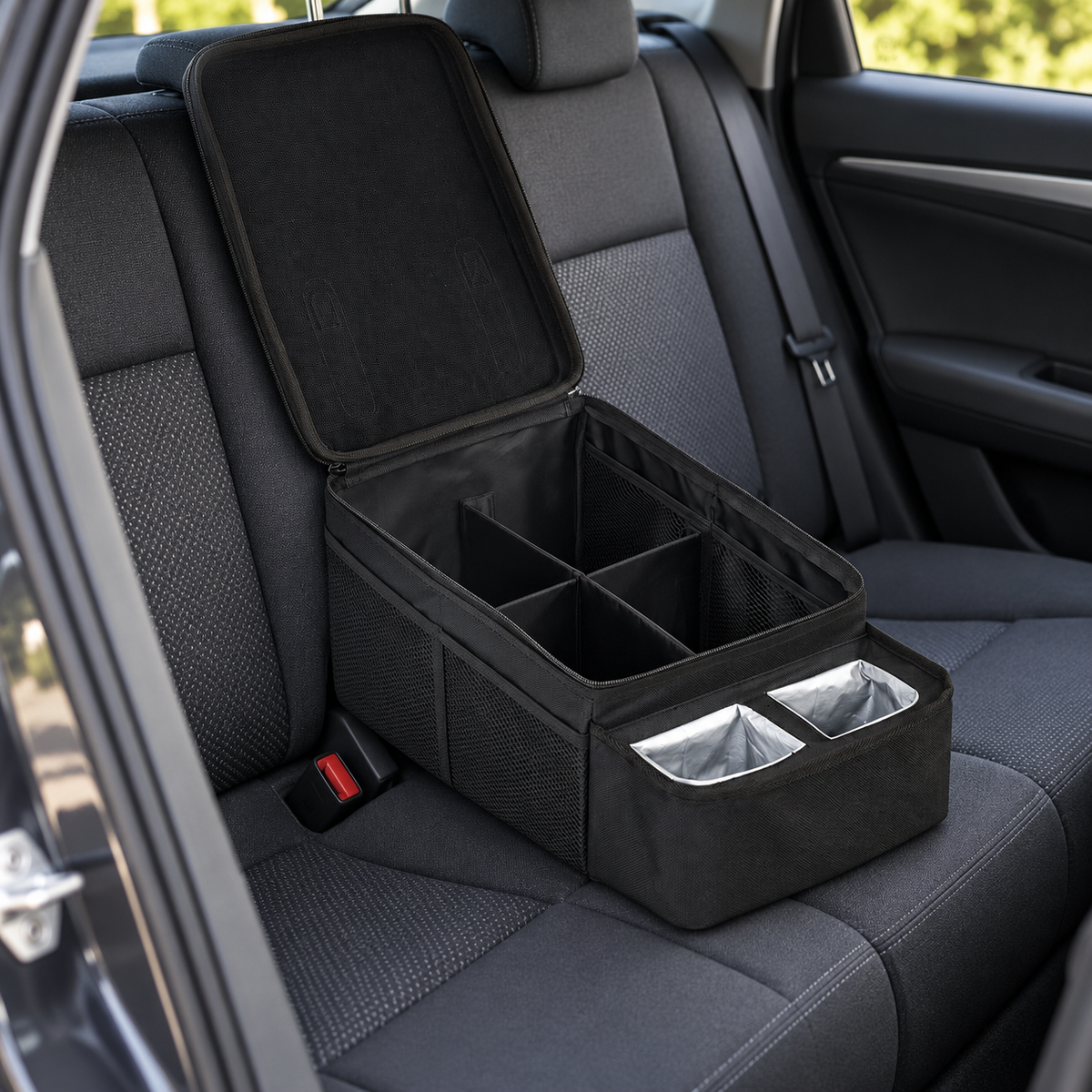 Britax Backseat Storage Caddy with Insulated Cup Holders – in use