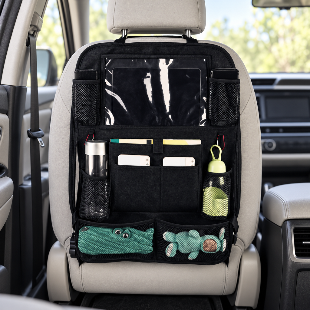Multi-Pocket Backseat Storage Bag – Black – in use