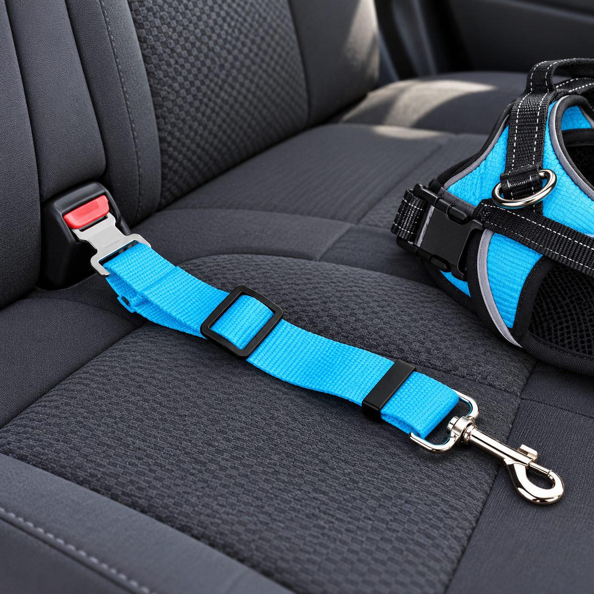 Adjustable Flat-Webbing Dog Car Tether – Sky Blue – in use