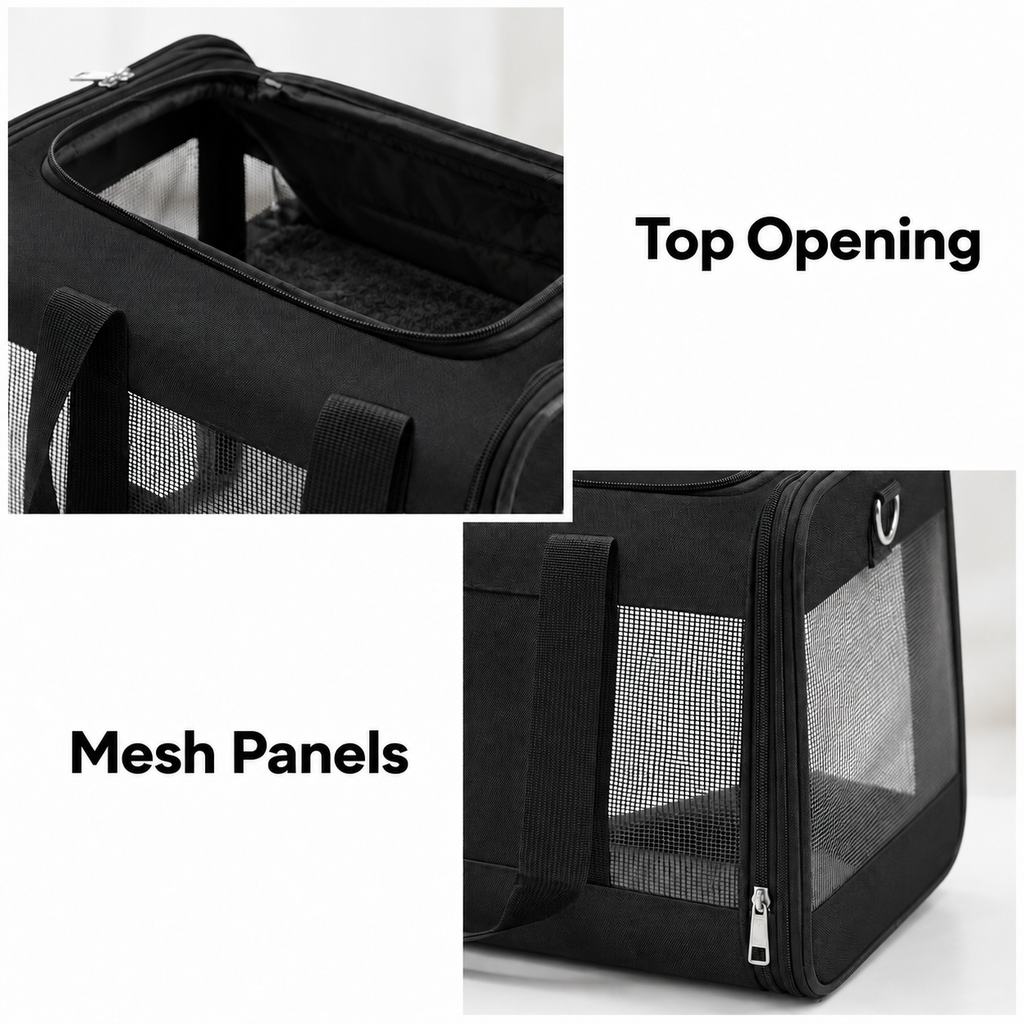 black YUNIQUE mesh carrier with LARGE OPAQUE BLACK CENTRAL FRONT POCKET – empty product view