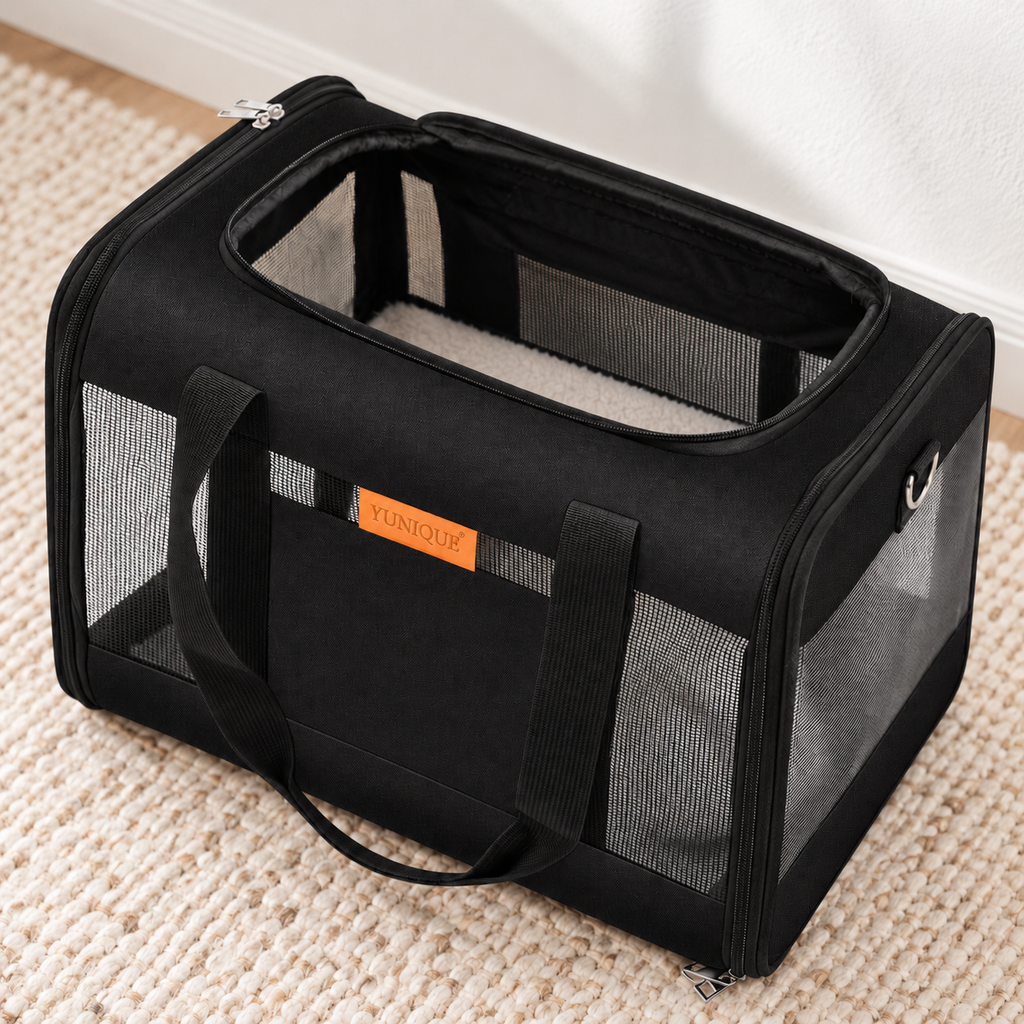 black YUNIQUE mesh carrier with LARGE OPAQUE BLACK CENTRAL FRONT POCKET – empty product view