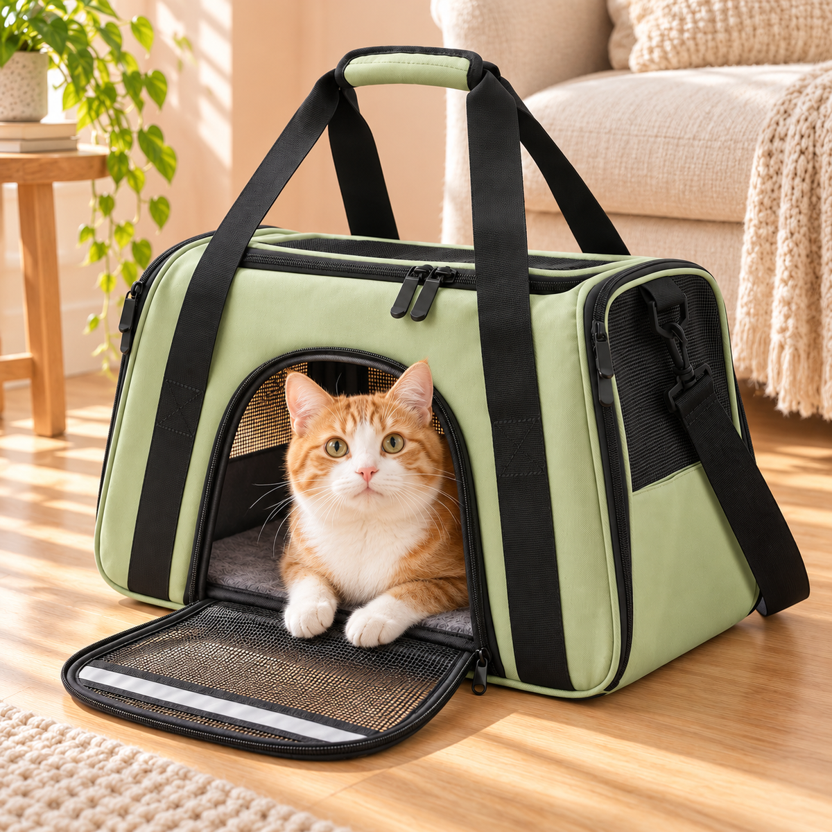 Ginger and white cat resting in a sage green carrier