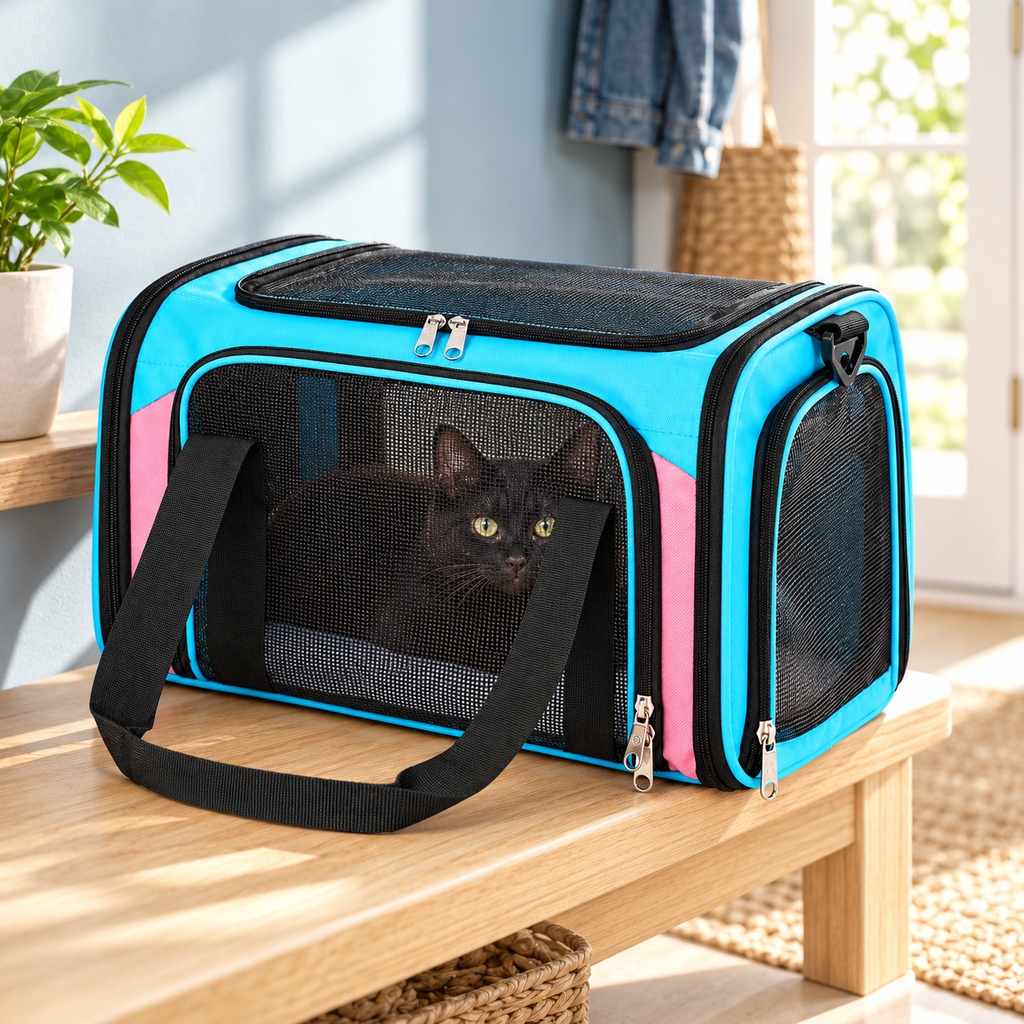 Black cat inside a blue and pink carrier