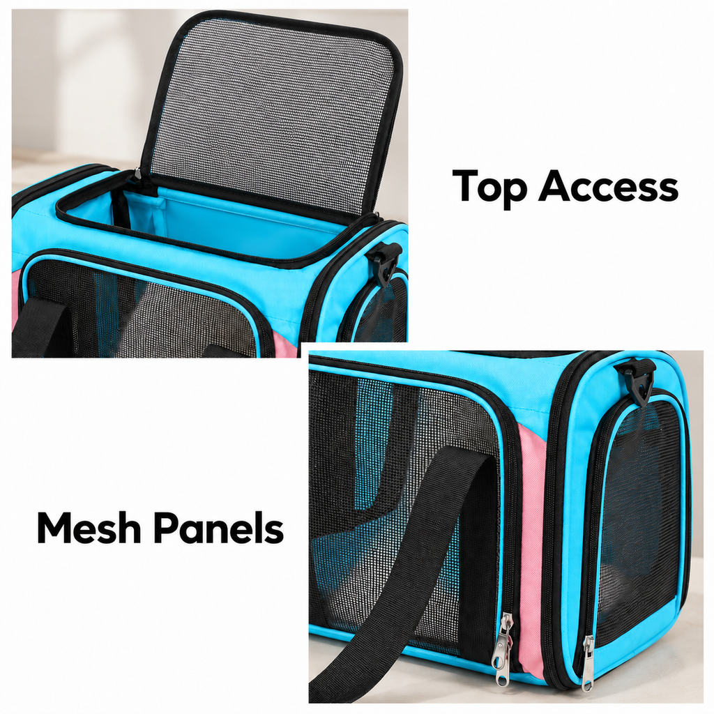 cyan blue and pink mesh carrier – empty product view
