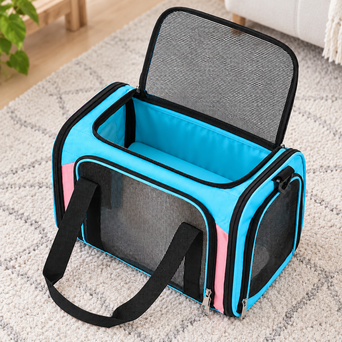 cyan blue and pink mesh carrier – empty product view